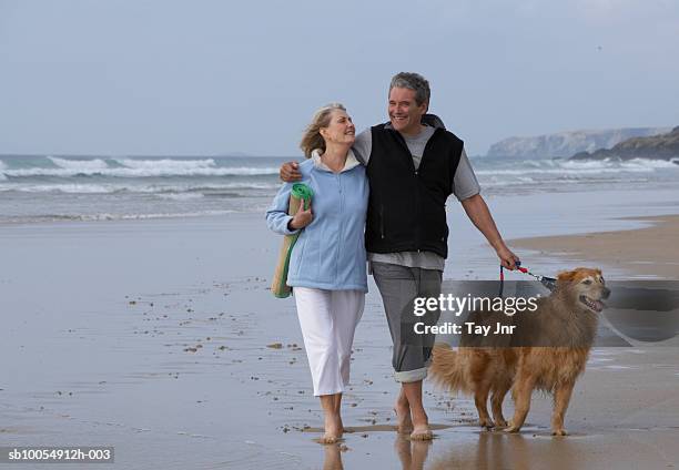 mature couple walking dog along beach, arms around - middle age man and walking the dog stock pictures, royalty-free photos & images