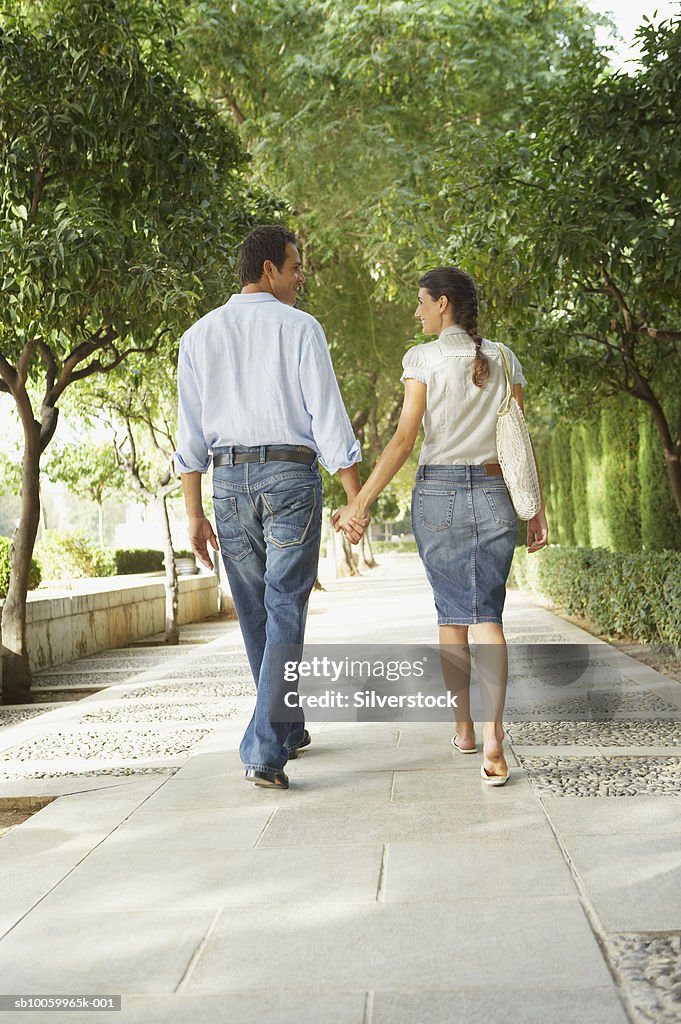 Young couple walking in park, rear view