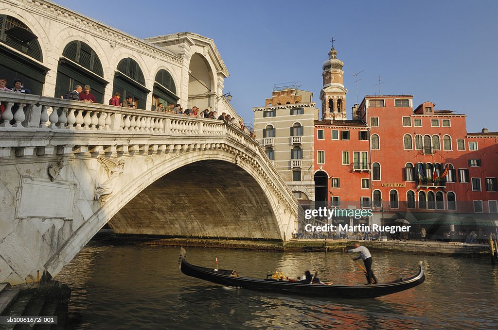Italy, Venice. View of a canal with Rialto bridge
