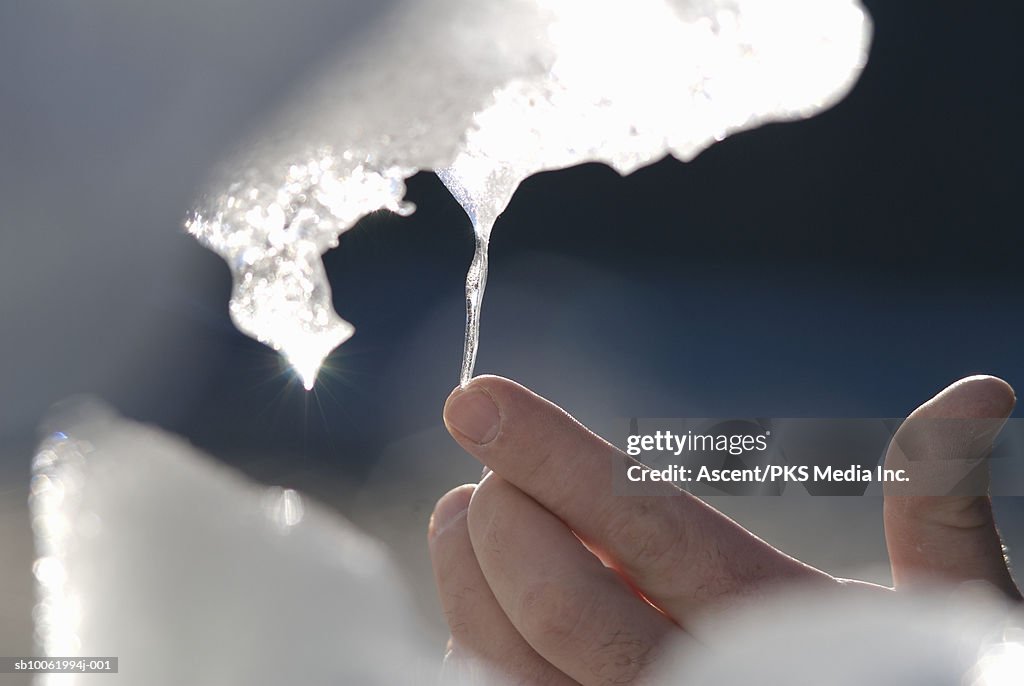 Person touching icicle, close-up