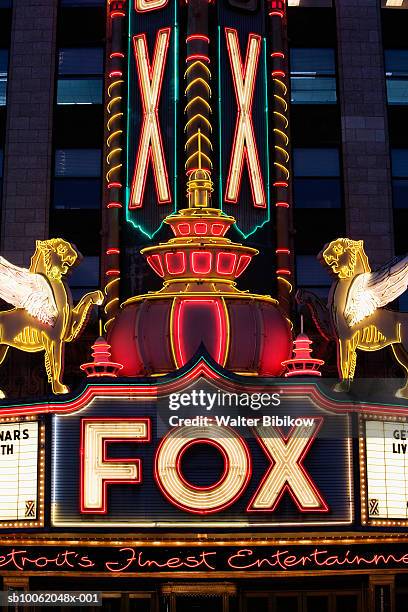 usa, michigan, detroit, fox theatre / woodward avenue, close-up of neon - fox theatre detroit stock pictures, royalty-free photos & images