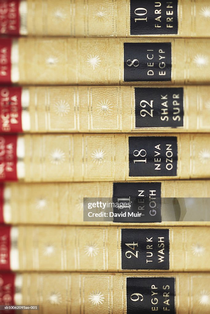 Stack of encyclopaedia volumes, detail of spines