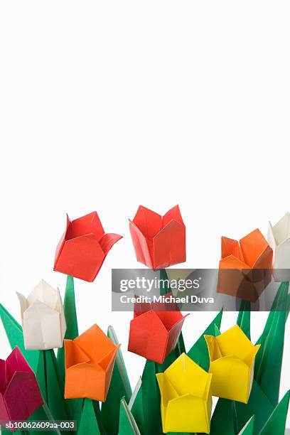 colorful paper tulips against white background, close-up - origami flower stock pictures, royalty-free photos & images
