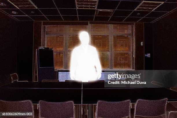 businessman standing beside conference table - conference table stock illustrations