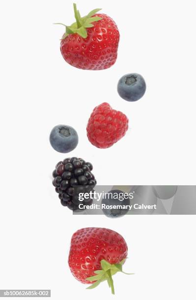berries against white background, overhead view, close-up - lampone mora di rovo foto e immagini stock