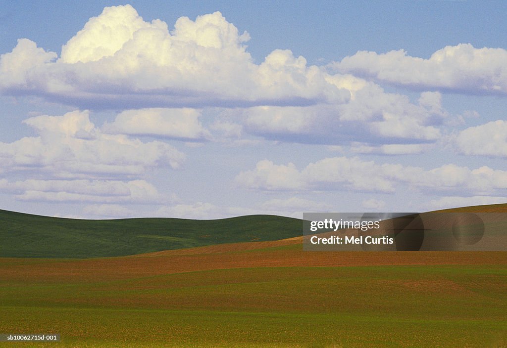 Hills and fields, sky with clouds