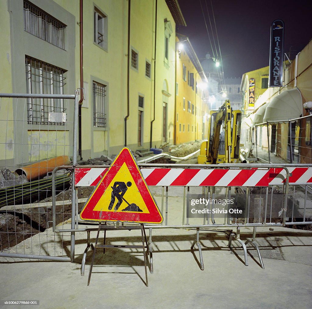 Construction on street, night