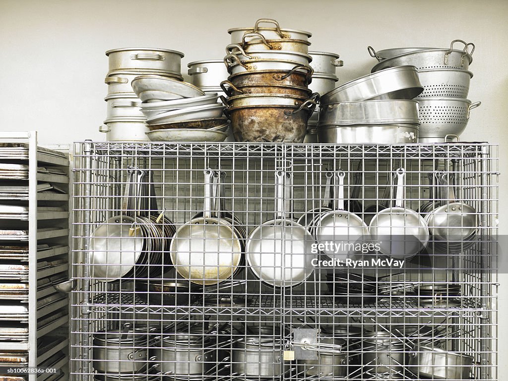 Stainless steel pots and pan in commercial kitchen