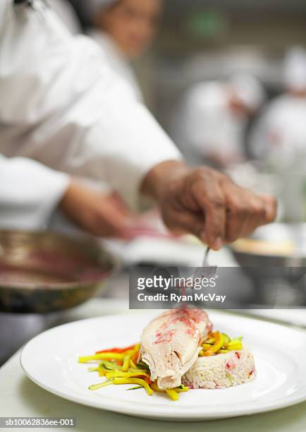 chef spooning sauce onto dish of fish, close-up of hand - chef cuisinier sauce photos et images de collection