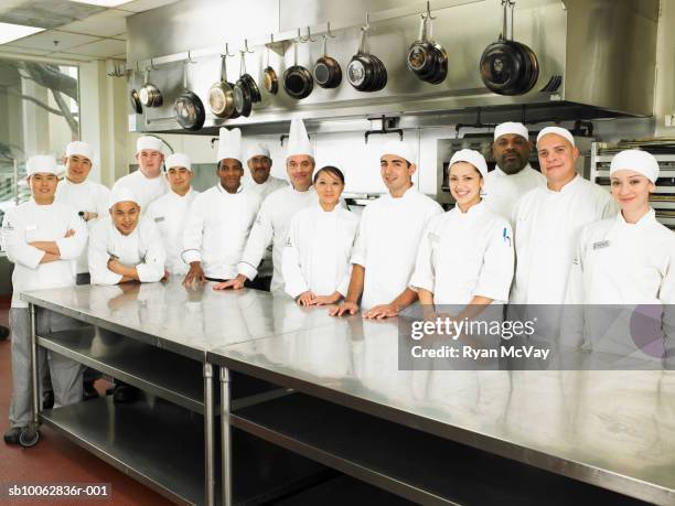 chefs standing in row in commercial kitchen - chef team stock pictures, royalty-free photos & images