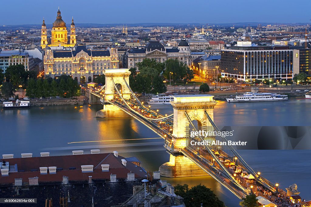 Chain bridge over river Danube, elevated view