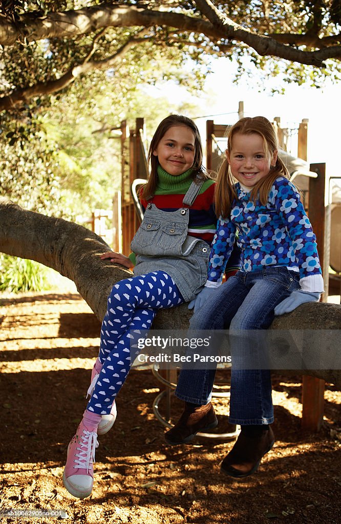 Two girls (7-9) sitting on branch of tree, smiling, portrait