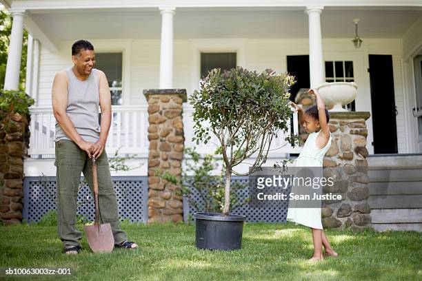 father and daughter (8-9 years) preparing to plant tree in front of house - 50 54 years stockfoto's en -beelden