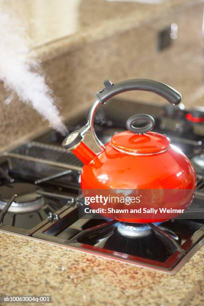 tea kettle steaming on cooktop - boiling kettle stock pictures, royalty-free photos & images