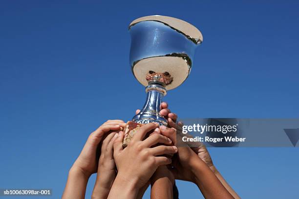 close-up on raised hands holding trophy against blue sky - holding above head stock pictures, royalty-free photos & images