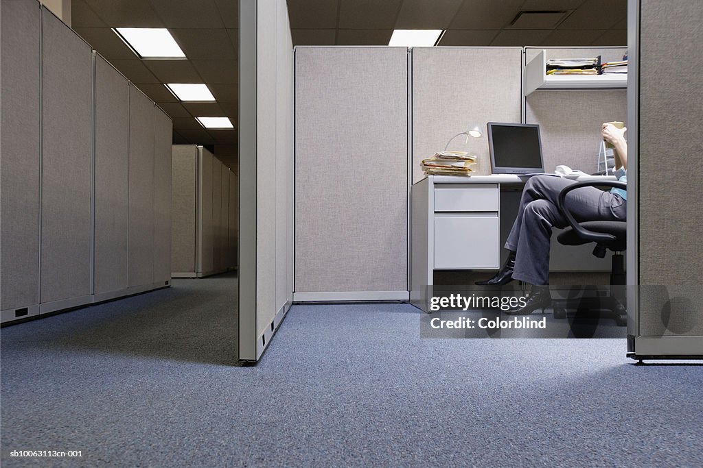 Woman sitting in office, low section
