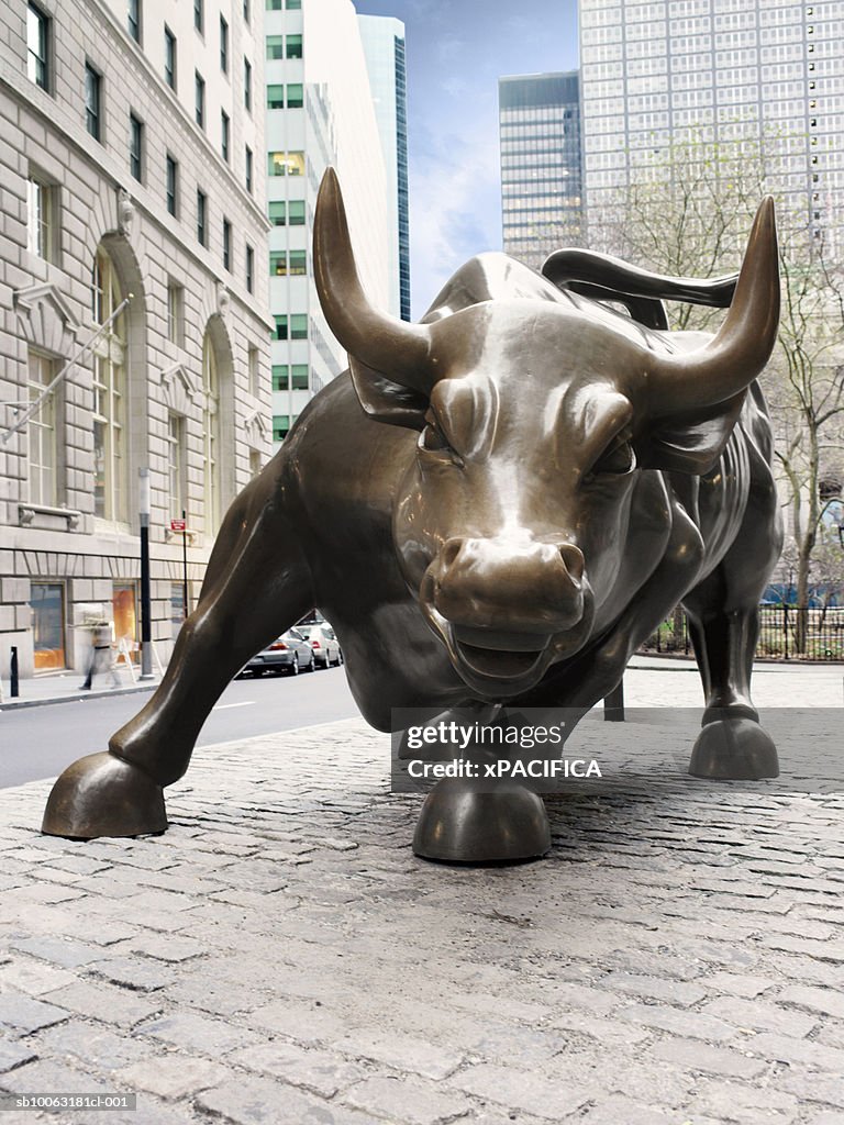USA, New York, New York City, Wall Street, bronze statue of charging bull