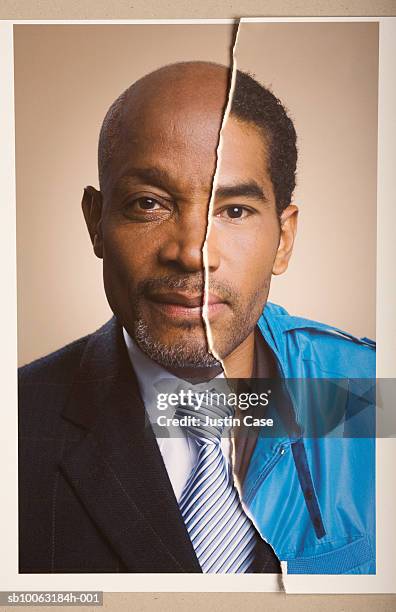 montage picture of mid adult man wearing uniform and senior man in full suit, portrait - diferença entre gerações - fotografias e filmes do acervo