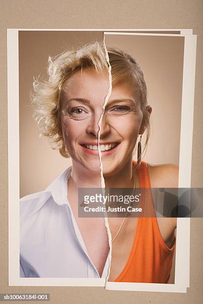 montage picture of mid adult and young woman smiling - generationsunterschied stock-fotos und bilder