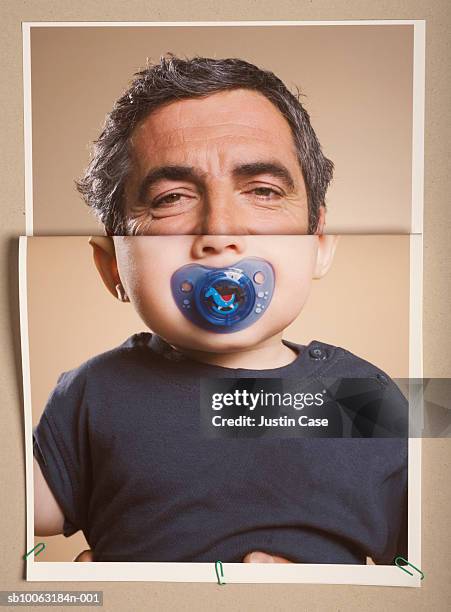 montage picture of baby boy (5 months) with pacifier and portrait of mature man - gegensatz stock-fotos und bilder