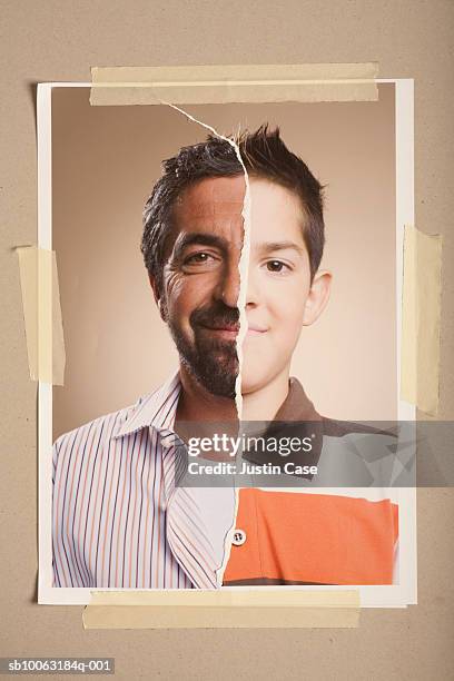 montage picture of mature man and young boy (8-9 years) - torn photograph stock pictures, royalty-free photos & images