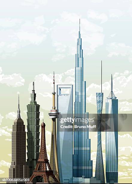 world's eight most famous buildings - burj khalifa construction stock illustrations