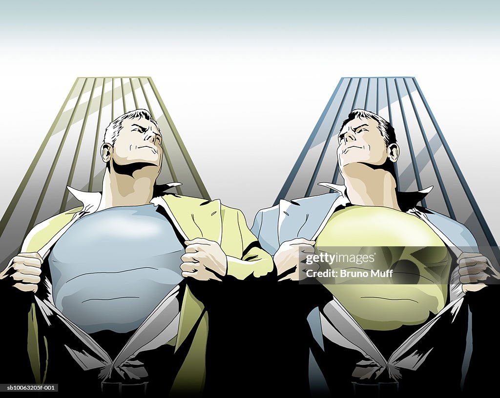 Comic book illustration of superhero removing shirt in front of skyscraper, mirror image