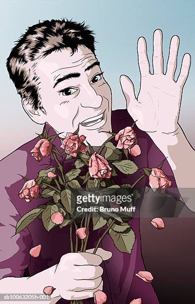 portrait of man with bunch of wilted roses, waving - spitzhaarfrisur stock-grafiken, -clipart, -cartoons und -symbole