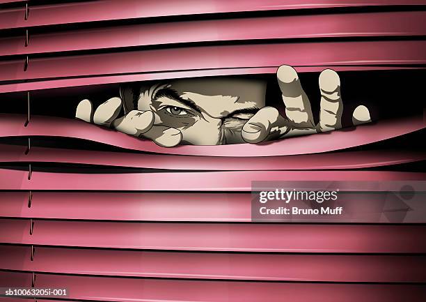 man peeking through blinds - horizontal blinds stock illustrations