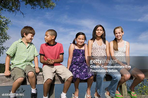 group of children (8-14 years) sitting on wooden balustrade - 12 13 years photos photos et images de collection