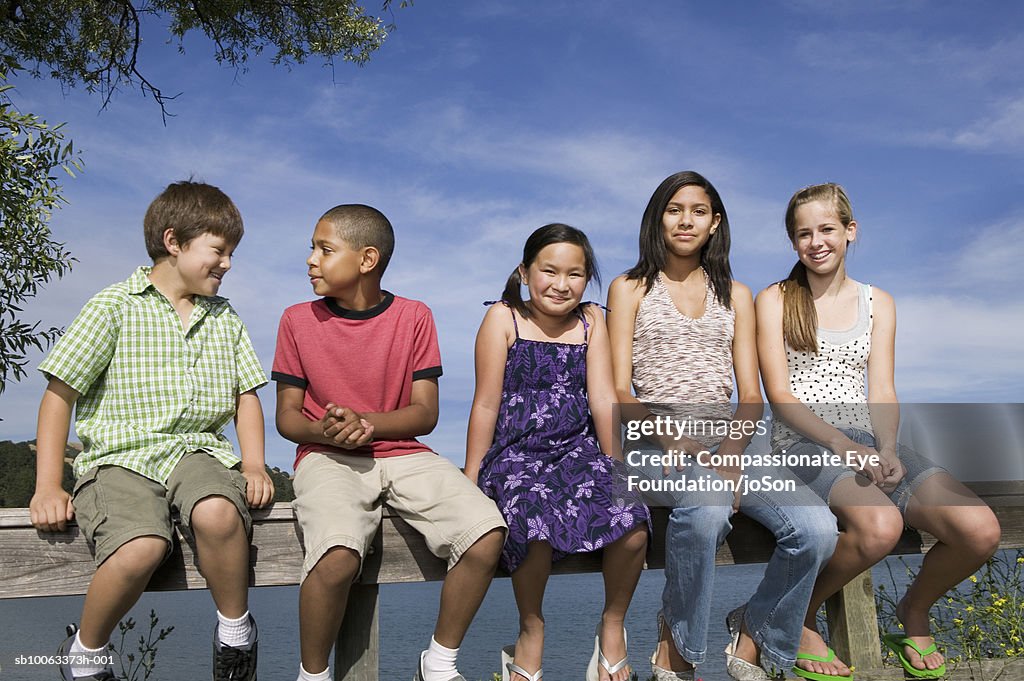 Group of children (8-14 years) sitting on wooden balustrade