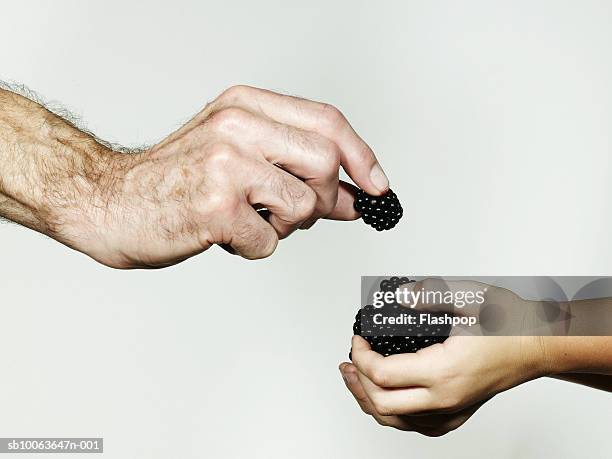 grandfather giving grandson (4-5) blackberries, close-up - man holding his hand out stockfoto's en -beelden