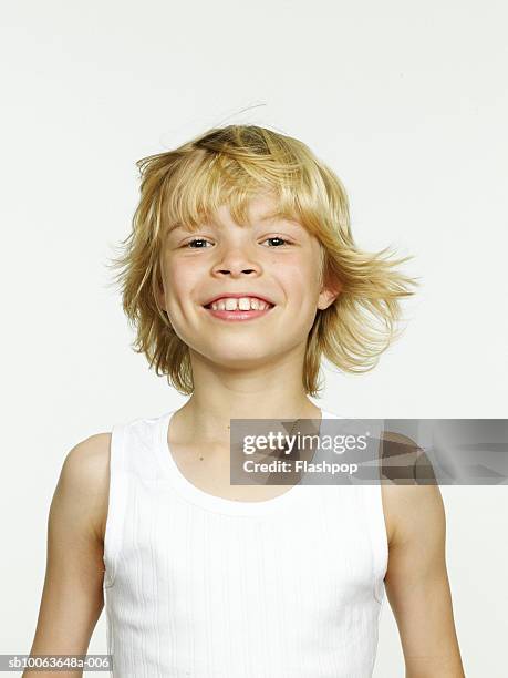 boy (8-9) smiling, close-up, portrait - boy happy blonde stock pictures, royalty-free photos & images