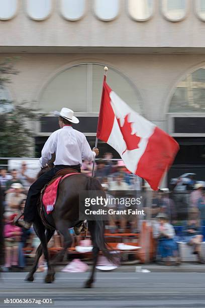 man carrying canadina flag on horse at calgary stampede parade - calgary stampede stock pictures, royalty-free photos & images
