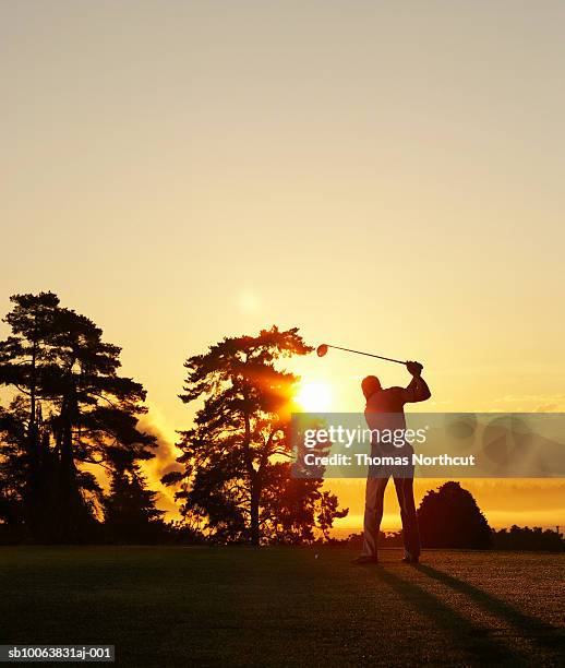 silhouette of golfer swinging club on golf course at sunset - golf swing sunset stock pictures, royalty-free photos & images