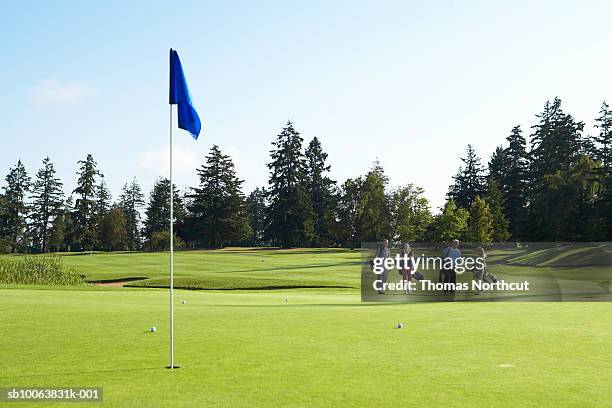 group of golfers walking towards putting green - golf green stock pictures, royalty-free photos & images