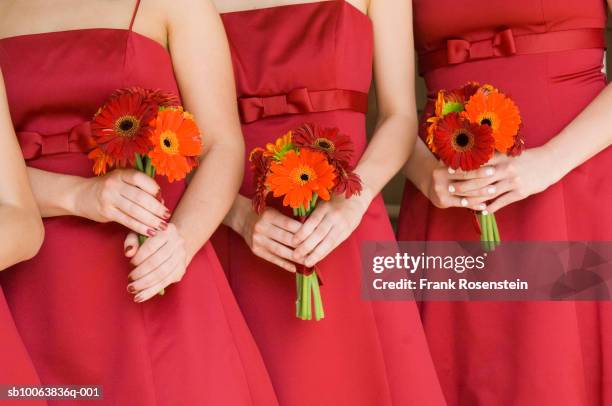 bridesmaids in red dresses holding bouquets of gerber daisies, mid section - bridesmaid stock pictures, royalty-free photos & images