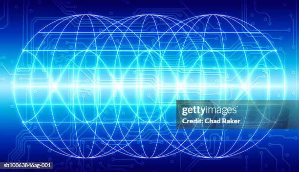 interconnected wire frame spheres over circuit board (digitally generated) - abstract sphere stock illustrations