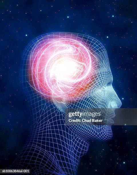 stockillustraties, clipart, cartoons en iconen met glowing swirling light inside wire frame of human head (digitally generated) - male likeness