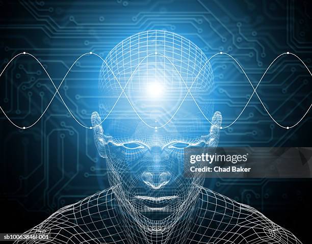 waves traveling across wire frame of man's brain (digitally generated) - künstliche intelligenz stock-grafiken, -clipart, -cartoons und -symbole