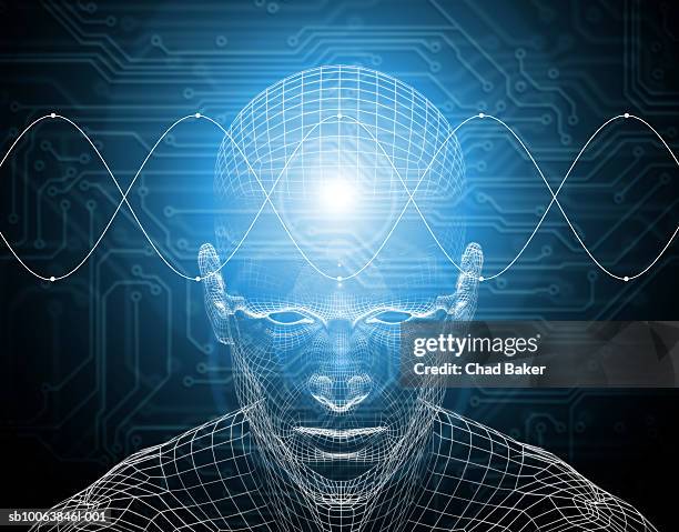 stockillustraties, clipart, cartoons en iconen met waves traveling across wire frame of man's brain (digitally generated) - futuristic circuit