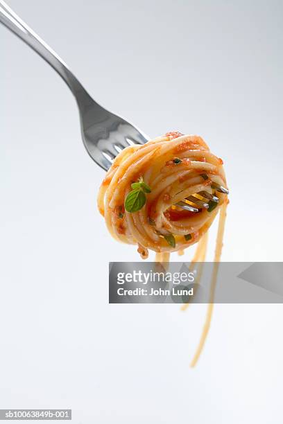 spaghetti with sauce wound around fork, close-up, studio shot - tomatensaus stockfoto's en -beelden