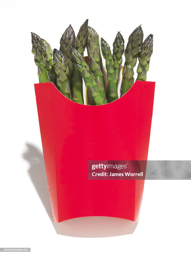 Asparagus in chip carton, close-up