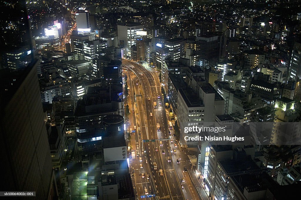 Japan, Tokyo traffic at night, aerial view