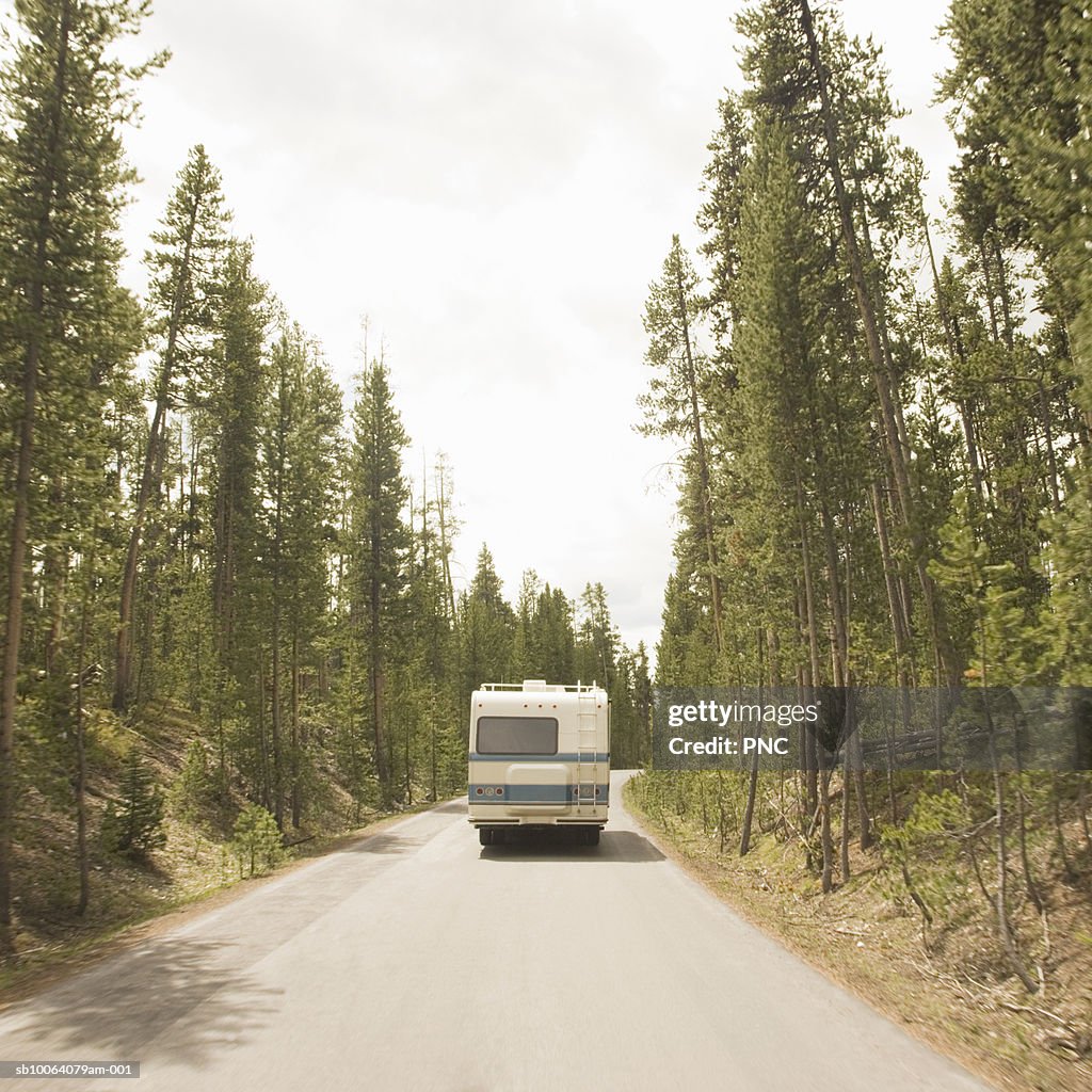 Motor home driving on tree-lined road