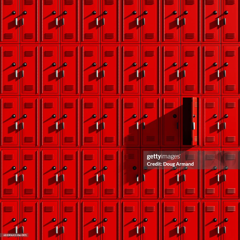 Rows of red lockers with one locker door ajar