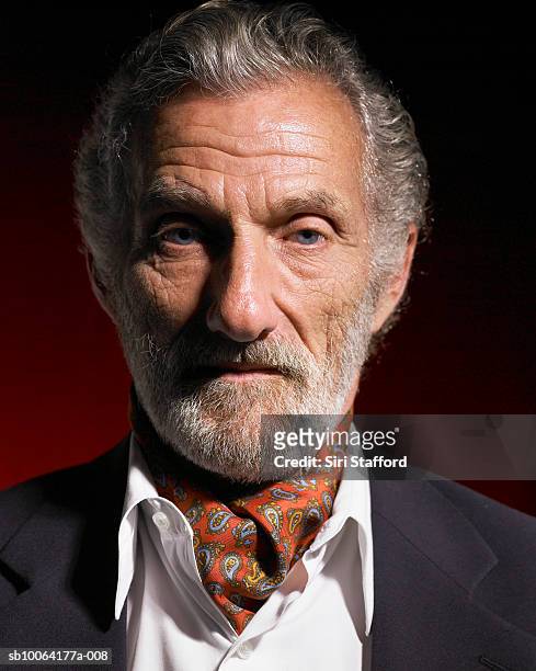 senior man with grey hair and gray beard wearing red ascot and blue jacket, portrait, close-up - ascot stock pictures, royalty-free photos & images
