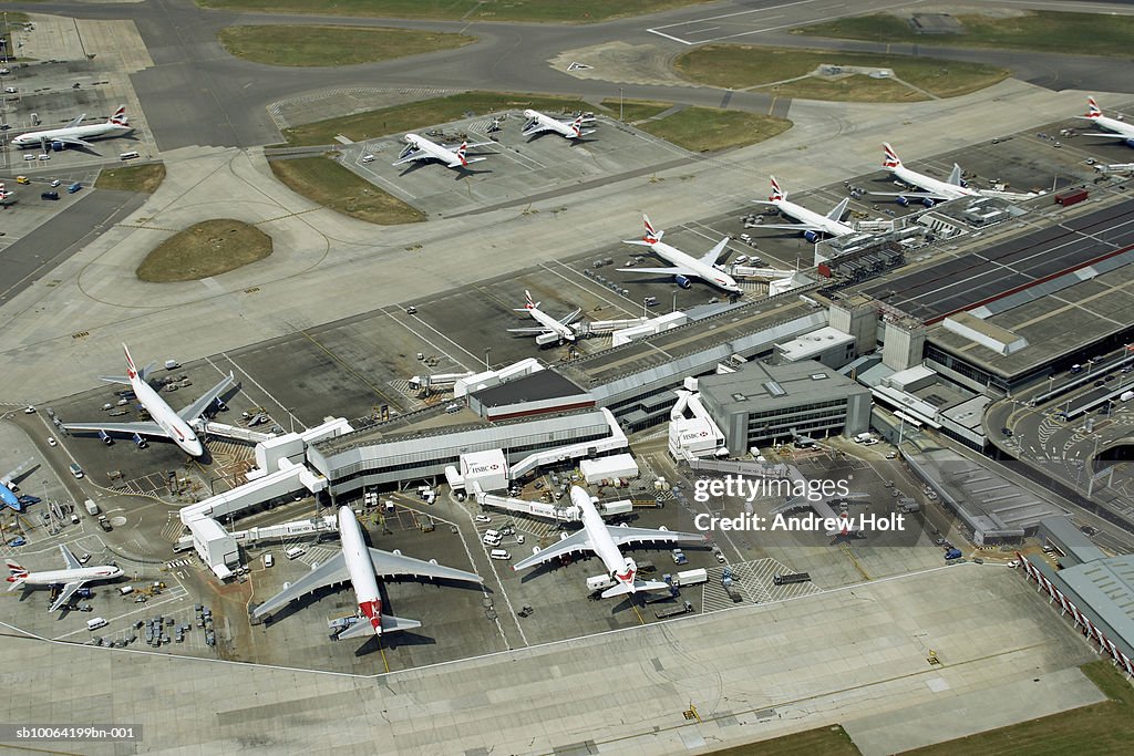 Planes waiting at Heathrow airport, aerial view