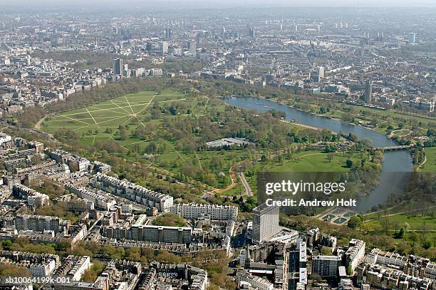 hyde park and cityscape, aerial view - hyde park london stock pictures, royalty-free photos & images