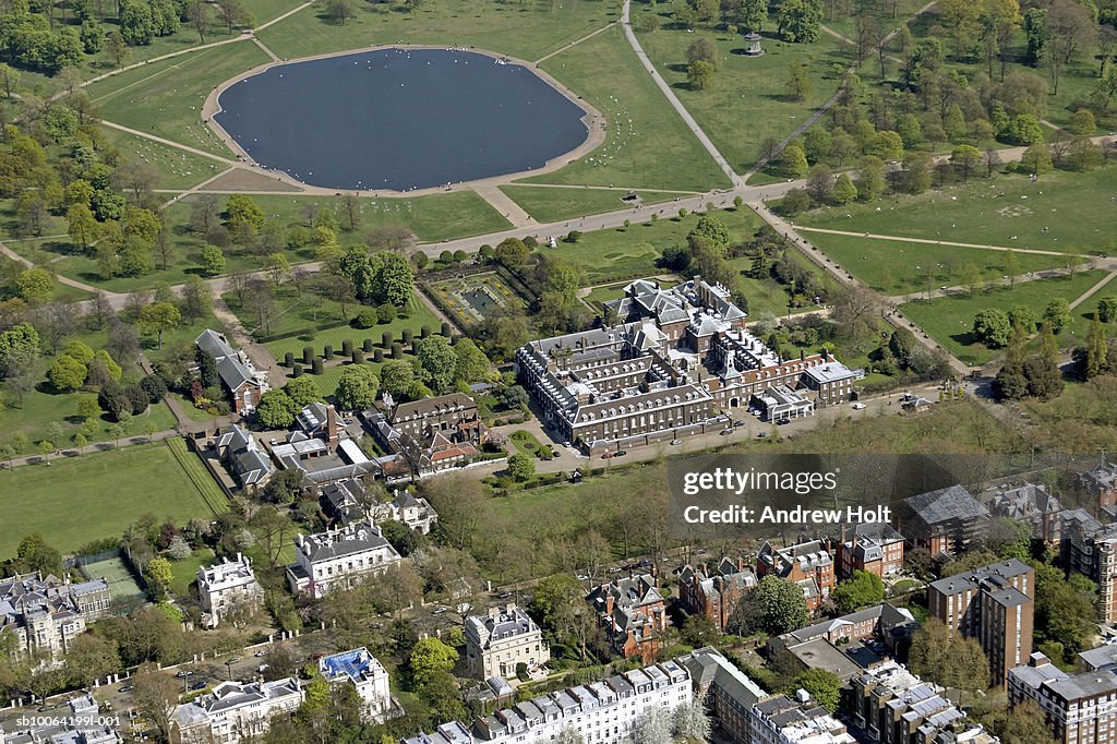 Building exterior and Kensington palace and garden, aerial view